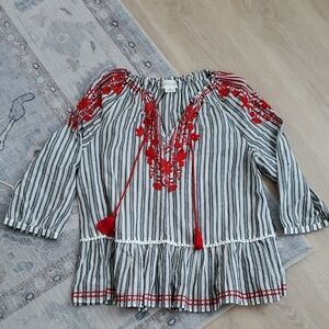 Kate Spade Broome Street Striped Embroidered Peasant Top Shirt SzL